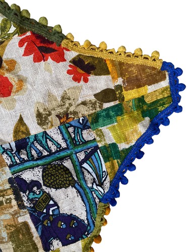Vintage Nachlass Patchwork Mod Sackleinen Tischdecke Bommel Akzente Handarbeit Topper - Bild 4 von 7