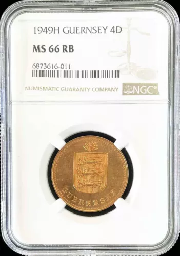1949 H GUERNSEY 4 DOUBLES COIN NGC MINT STATE 66 RED BROWN HEATON MINT