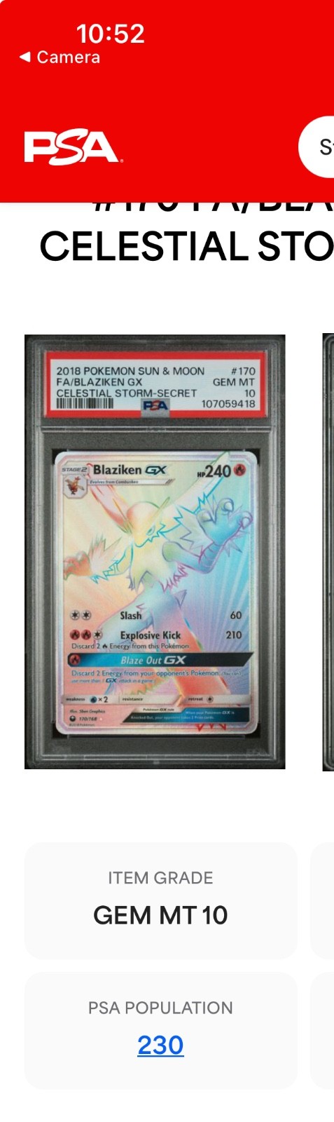 BLAZIKEN GX #170 SECRET RARE PSA 10 GEM MINT CELESTIAL STORM RARE LOW POP OF230