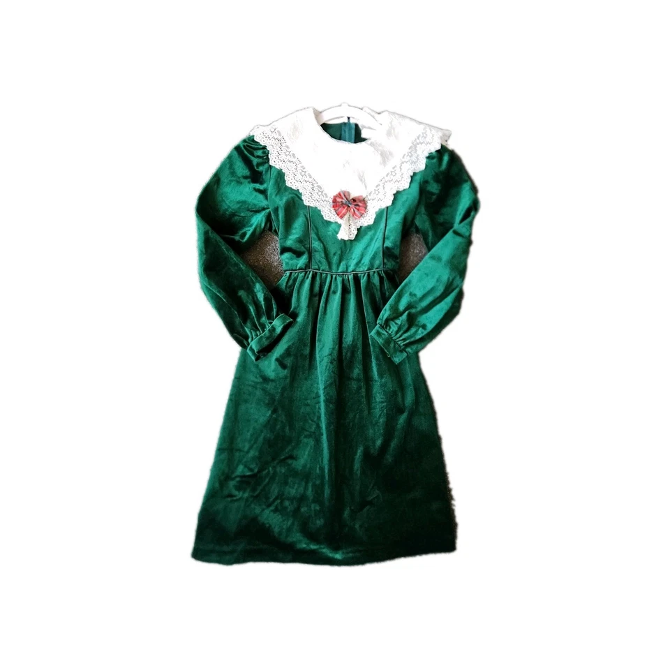 Vintage Rare Editions Christmas Holiday Dress Green Velvet White Lace Sz 14 Bow - Image 2 of 4