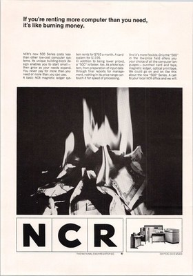 NCR 1966 Vintage Print Ad 500 Series Computer System Black White
