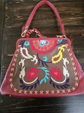 Isabella Fiore Embroidered Floral Shoulder Bag Chain Accent Gold Hardware Red