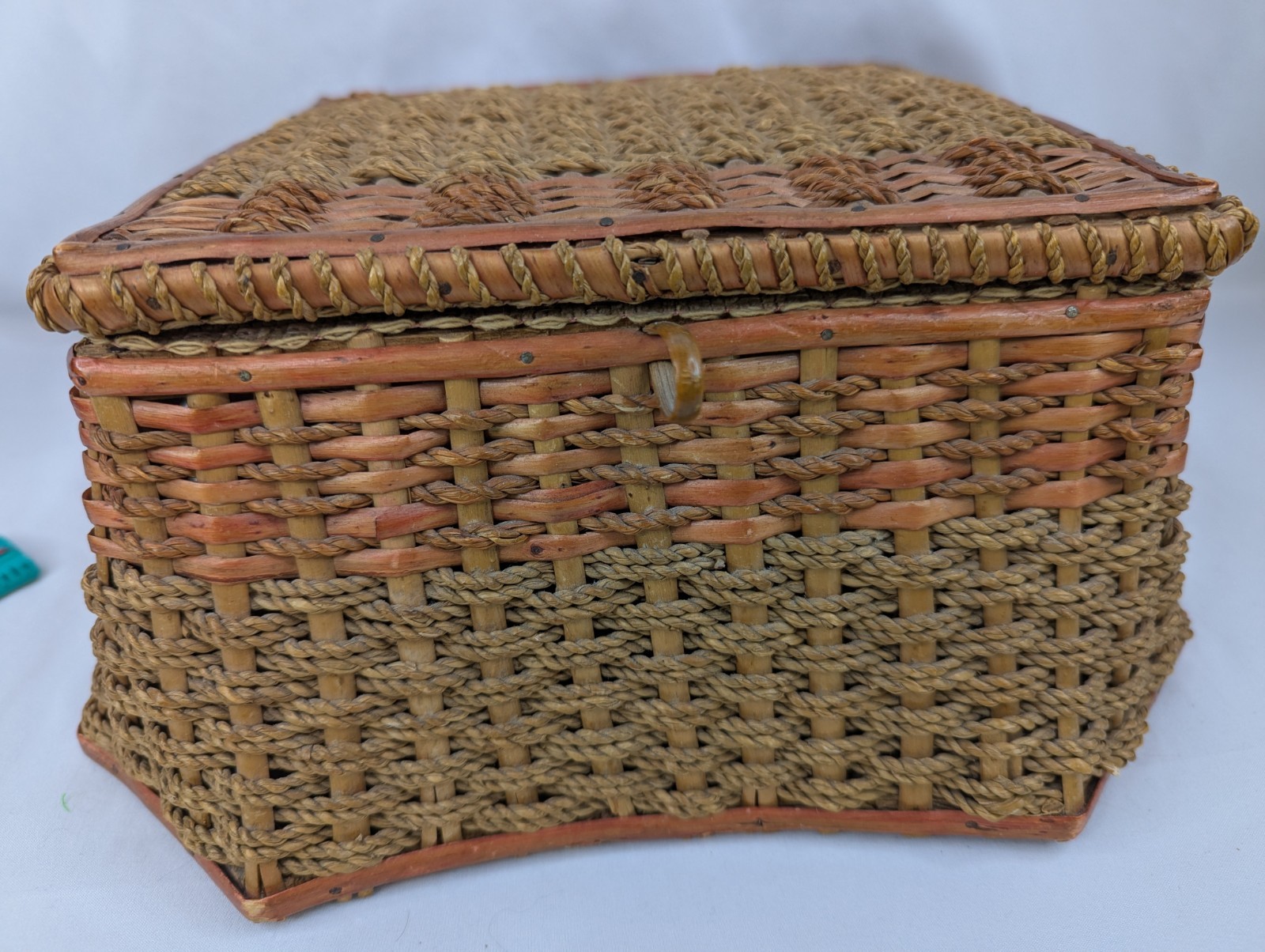 Wicker SEWING BASKET Unusual Shape Vintage Satin Lined Lift Lid 