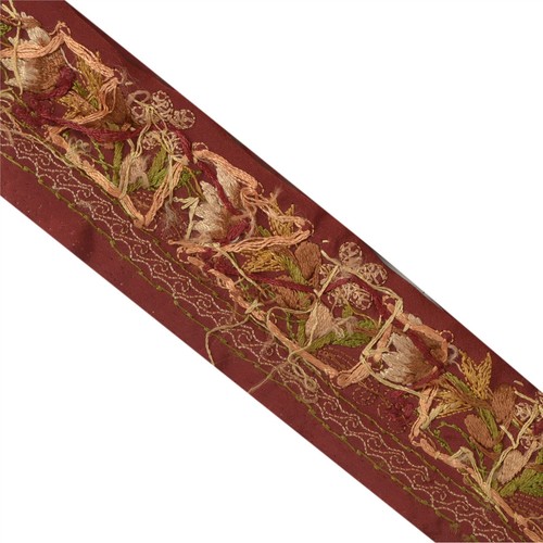 Sanskriti Vintage Sari Border Trim Dark Red Craft Lace Hand Embroidered Decor - Picture 5 of 7