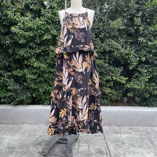 Free People Boho Maxi Dress Medium Black Floral Ruffle Handkerchief Hem Cottage