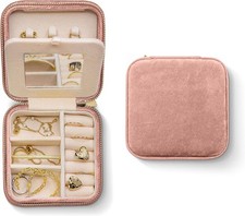 Velvet Travel Jewelry Case with Mirror  Compact Plush Organizer Box