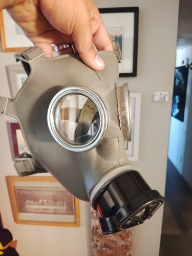Original Militaria Gray Dual-Lens Military Gas Mask Respirator w/ Canvas Straps