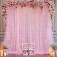 10x10ft Pink Tulle Backdrop Curtain with String Lights for Wedding Parties
