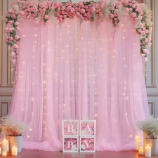 10x10ft Pink Tulle Backdrop Curtain with String Lights for Wedding Parties