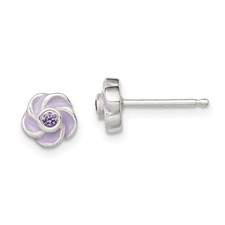Sterling Silver Polished Purple Cubic Zirconia Enamel Flower Post Stud Earrings