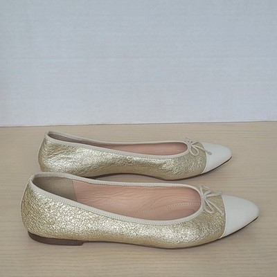 J. Crew Gemma Two-Tone Cap-Toe Metallic Gold Leather Cream Pointed Toe Flats 6.5