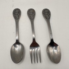 Vintage Tommee Tippee Korea Stainless Steel Baby Fork Spoon Teddy Bear 3 Piece