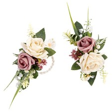 Pink Corsage and Boutonniere Set for Wedding Prom, Artificial Rose Flower Wri...