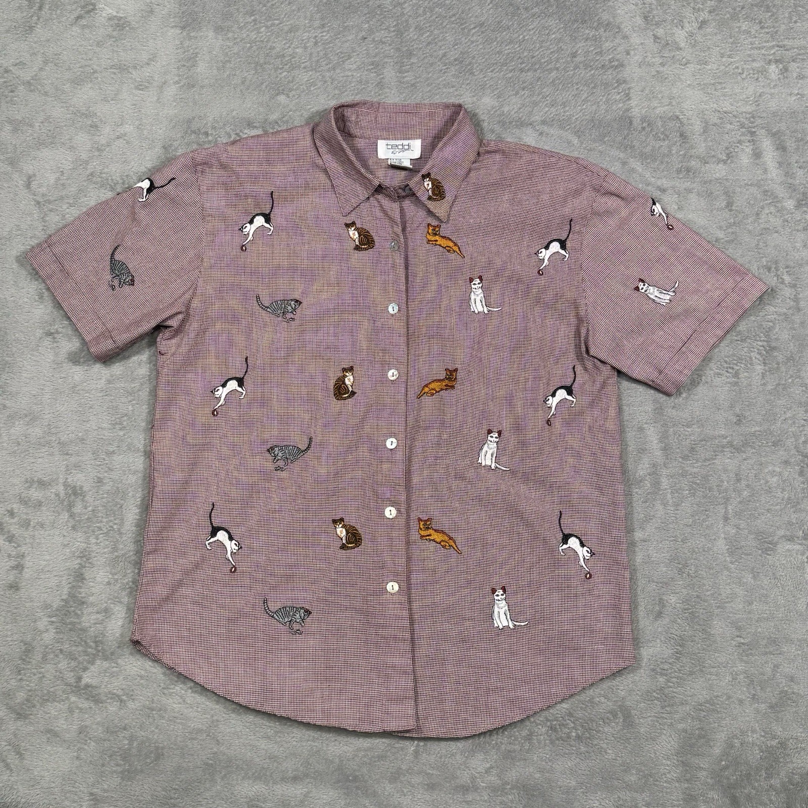 VTG Teddi Cat Print Button Shirt Womens S Embroidered Retro 80s 90s Whimsy Boho