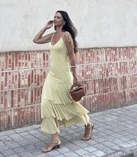 ZARA WOMAN SS25 V NECK RUFFLED MIDI DRESS YELLOW 5039/212 SIZE S NEW