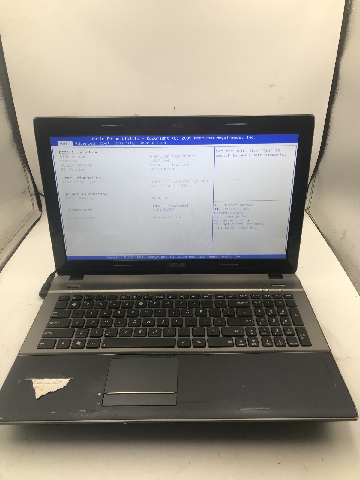 ASUS U52F BBL5 - BOOTS TO BIOS - INTEL I3 M350 - 4GB RAM - READ DESC - BB