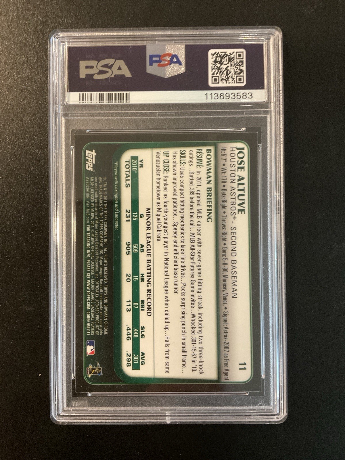 2011 Bowman Draft Picks & Prospects Chrome Jose Altuve #11 RC Astros PSA 9 MINT view 2