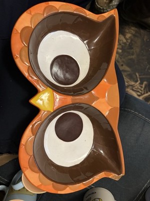 Cute Owl Face Double Bowl Serving Dish Chip and Dip Platter Party Mix Candy Tray