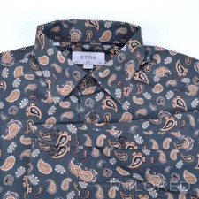 NEW - ETON Gray Teal Paisley 100 Cotton Luxury Slim Fit Dress Shirt - 15.75