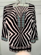 JM Collection Women’s Tunic Top S/P  Blue White Zebra Striped Print rhinestone