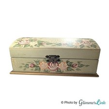 Vintage Hand Painted Floral Wooden Chest Crackle Finish Jewelry Box, 1990s