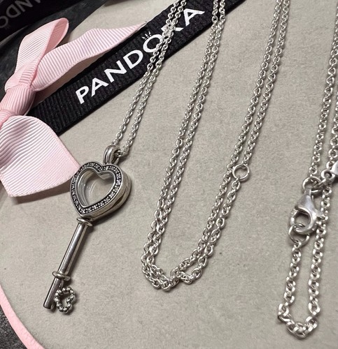 Genuine Pandora Floating Heart Key Locket CZ Necklace Chain 80cm In Box Fab Con - Picture 2 of 5