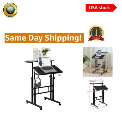 Ergonomic Mobile Computer Desk - Adjustable Height Rolling Work Cart in Black