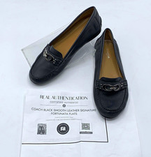 Coach Women s Black Leather Slip-On Loafer Flats Logo Round Toe Rubber B