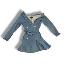 Anthropologie ATSU One Shoulder Denim Mini Dress Sz 6 Blue Belted Off Shoulder