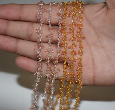 Beaded bulk roll dangle chain, 2mm pink quartz glass beads cluster rosary  chain