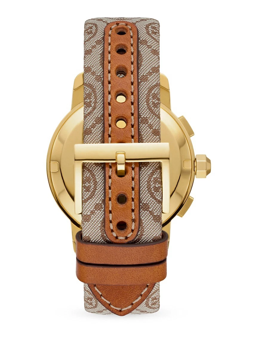 NEW TORY BURCH TBW1050 GOLD-TONE JACQUARD LEATHER LADIES CHRONOGRAPH WATCH