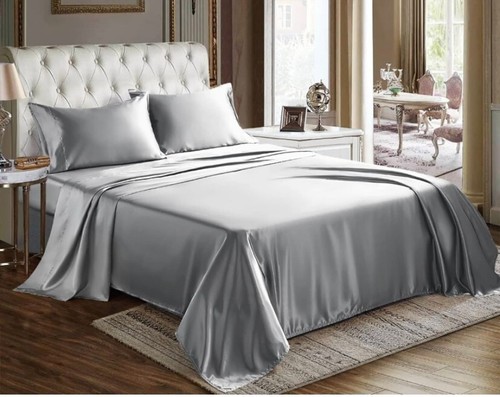 CozyLux Satin Sheets King Size - 4 Piece Light Grey Bed Sheet Set with Silky Mic - Picture 2 of 2