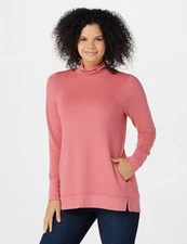 H by Halston Pink French Terry Funnel Neck L/S Tunic Top Pockets New