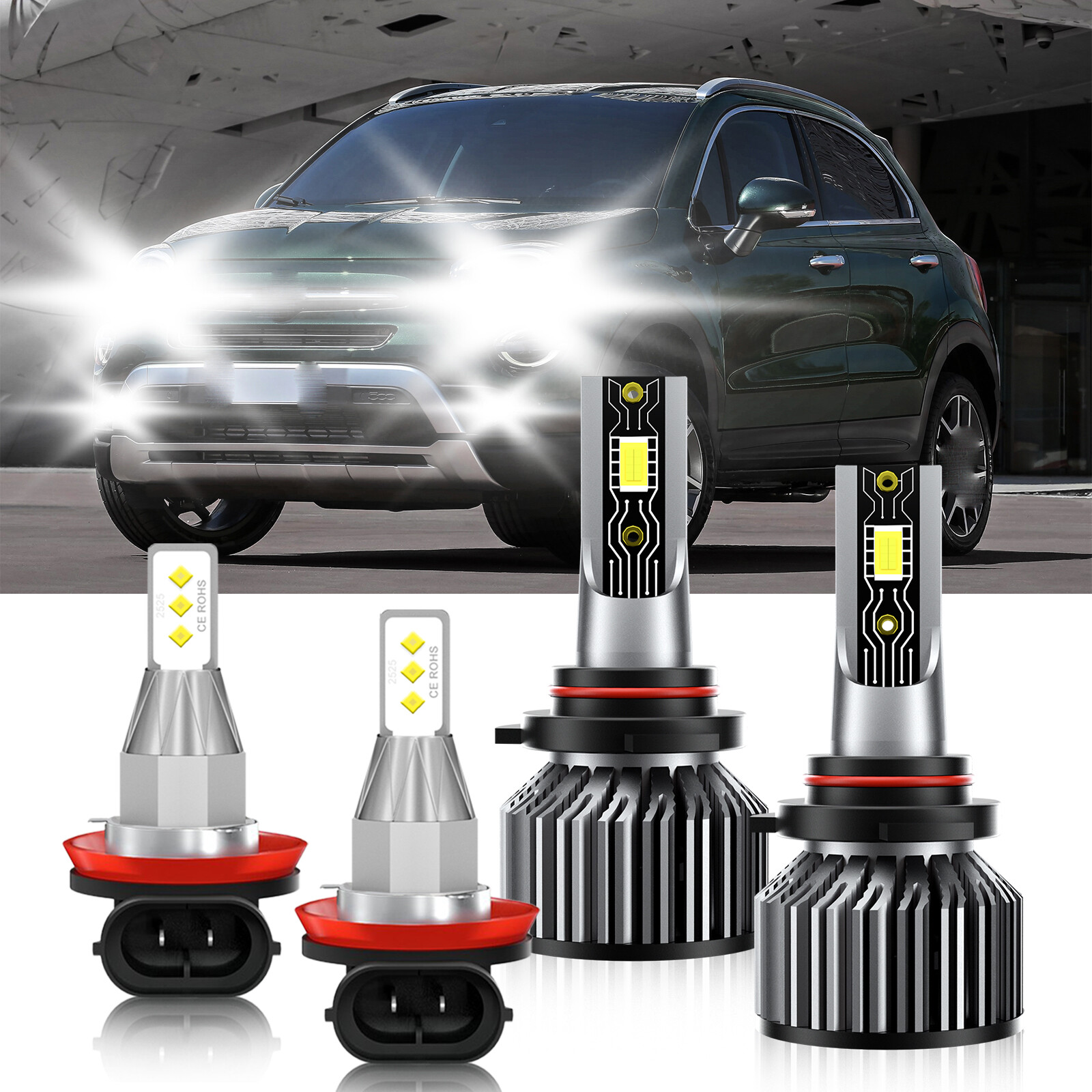 For Fiat 500X 2016-2023 4x 6500K LED Headlight High Low Beam+Fog Light Bulbs