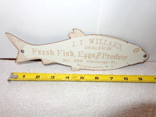 VINTAGE 10x3 in FRESH FISH EGGS PRODUCE NEW YORK ADV. SIGN METAL PORCELAIN  Z332
