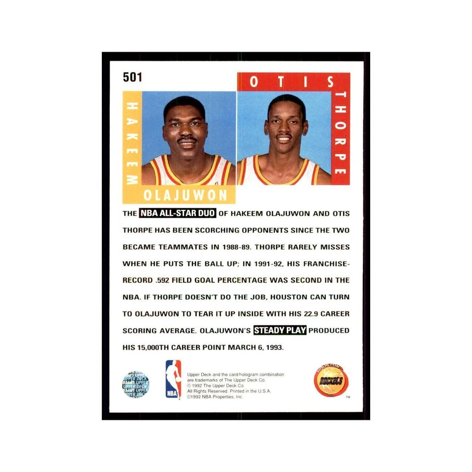 1992 Upper Deck Hakeem Olajuwon/Otis Thorpe Basketball Cards #501 - Image 2 of 3