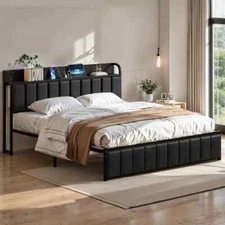 Bed Frame with Storage Headboard Power Outlet Twin Full Queen Size Metal Bed