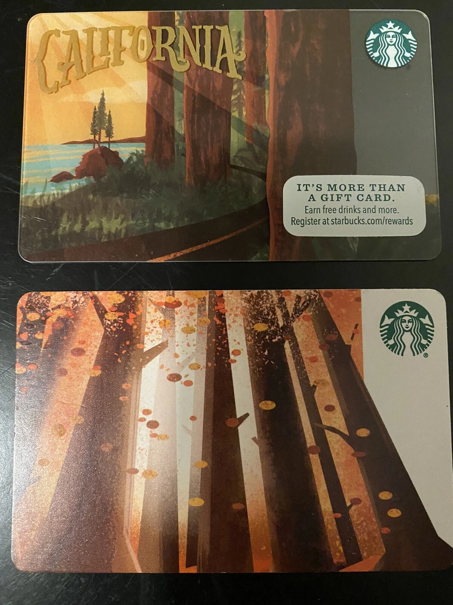 Starbucks Coffee Gift Card Set Of 2 California Redwoods & Falling Leaves New