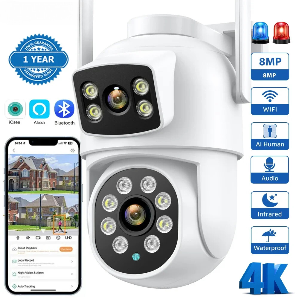 4K 8MP Wifi Camera PTZ Dual Screens Human Detection Dual Lenses 4MP Camera Audio