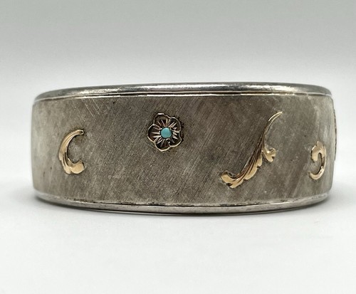 Vintage Sterling Silver And 18k Gold Flower And Feather Cuff Bracelet - Picture 4 of 7