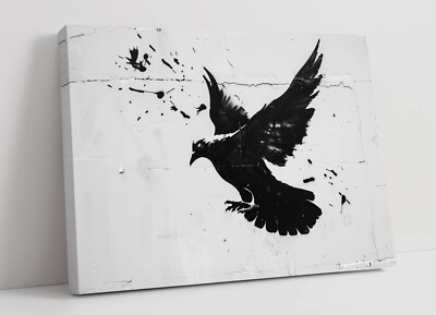 FLIEGENDE SCHWARZE TAUBE GRAFFITI VON BANKSY - GERAHMTES LEINWANDBILD WANDBILD BILD DRUCK