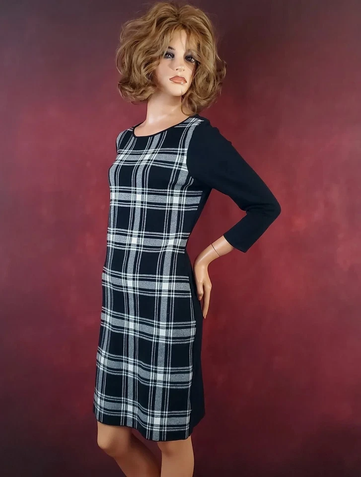 Vestido Vaina Tejido Manga 3/4 Chaps Wear to Work L Elástico Blanco y Negro Cuadros Foto 4 de 4