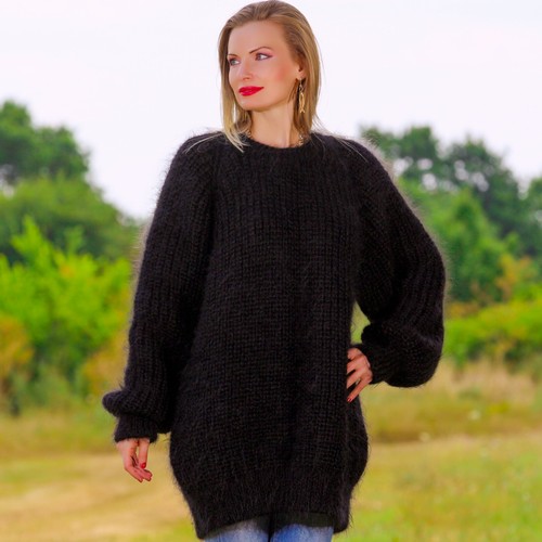 SuperTanya thick black mohair sweater ribbed hand knitted crewneck pullover - Picture 2 of 8