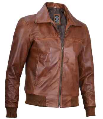 Men's Distressed Brown Harrington Leather Bomber Jacket Free Shipping