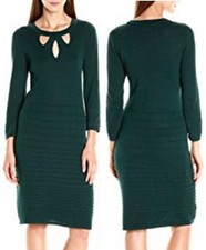 Nine West Forest Green Stretch Knit Dress w/Keyhole Cutouts/Textured Skirt - $99