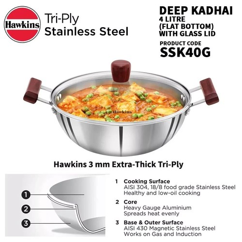 Hawkins Triple Acero Inoxidable Kadai Profundo / Kadhai y Tapa de Vidrio, 4 Ltr - Envío Gratis - Imagen 2 de 2