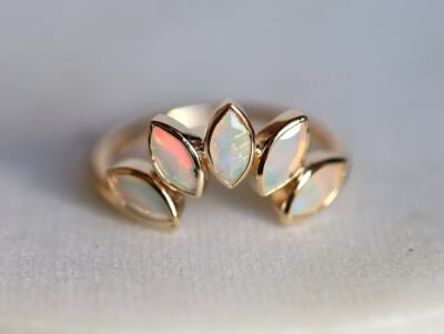 18k Solid Yellow Gold Natural Fire Opal Curved Wedding Ring