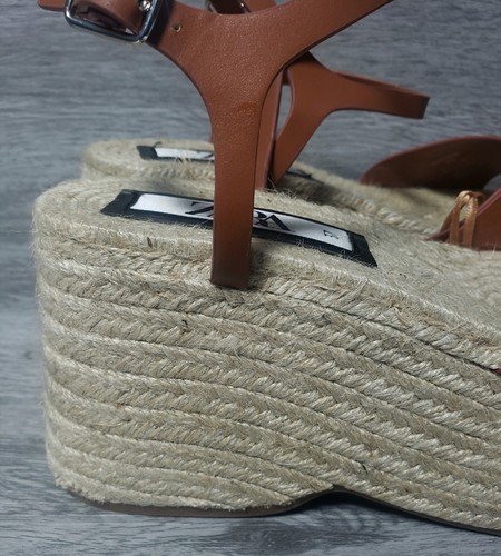 ZARA Womens Faux Leather Brown, Platform Wedge Jute Espadrille Sandals - 4/37 - Picture 13 of 20