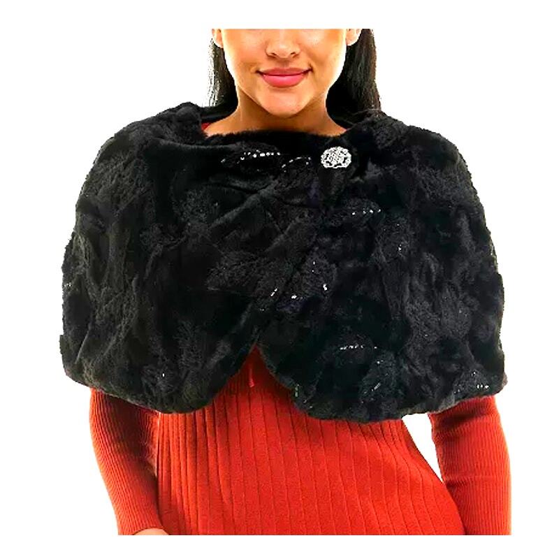 Nina Leonard Jacket Cape Shrug Womens 1X Faux Fur Sequin Hollywood