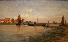 Ludvig Kabell 1853-1902 Öl Leinwand Flußlandschaft Meer See Seestück Fischerdorf